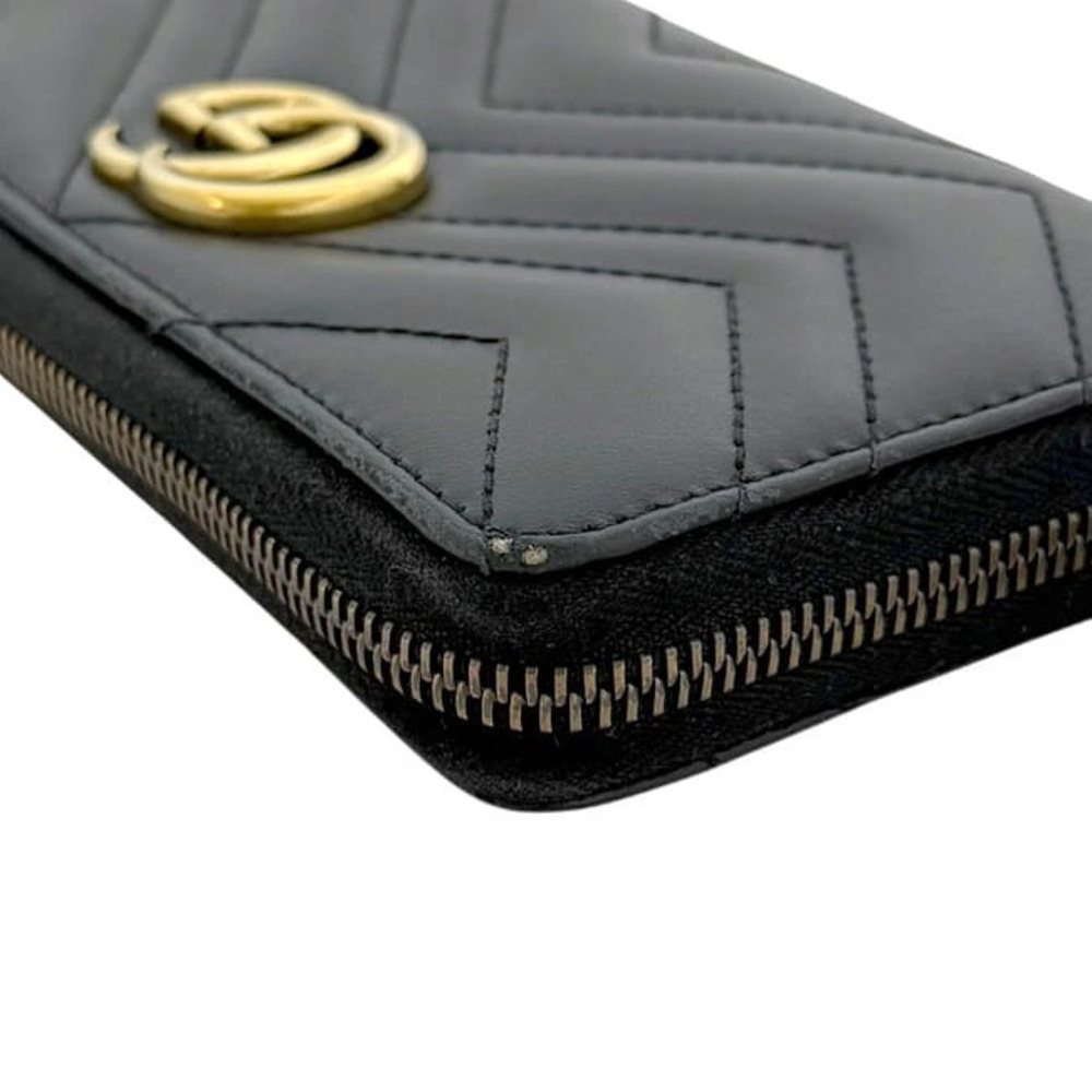 Gucci Round Zipper Long Wallet Black GG Marmont Leather Gold Stitch - Picture 7 of 9